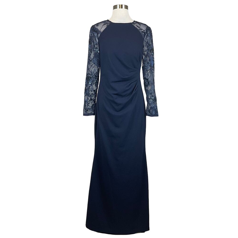 Eliza J Blue Evening Gown Sequined Lace Long Sleeve A-Line Formal Dress Size 14 - Picture 2 of 12